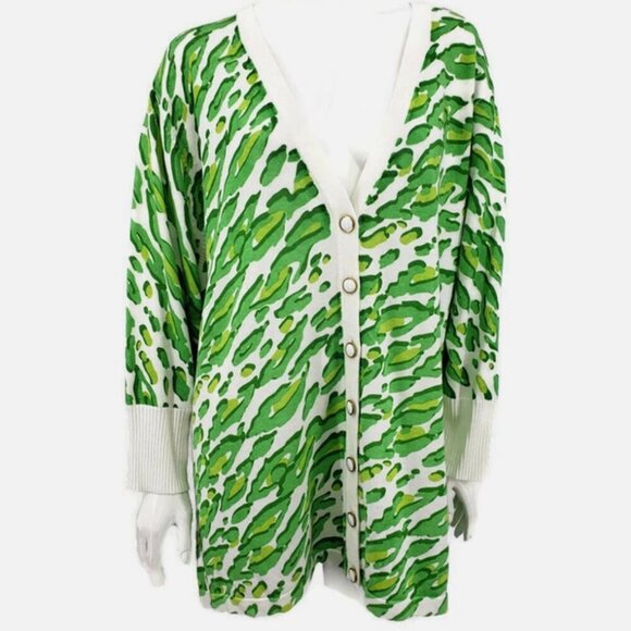 Bob Mackie Cardigan Sweater Womens 3X Green Leopard Artsy Print Plus 3/4 Sleeve - Picture 1 of 7